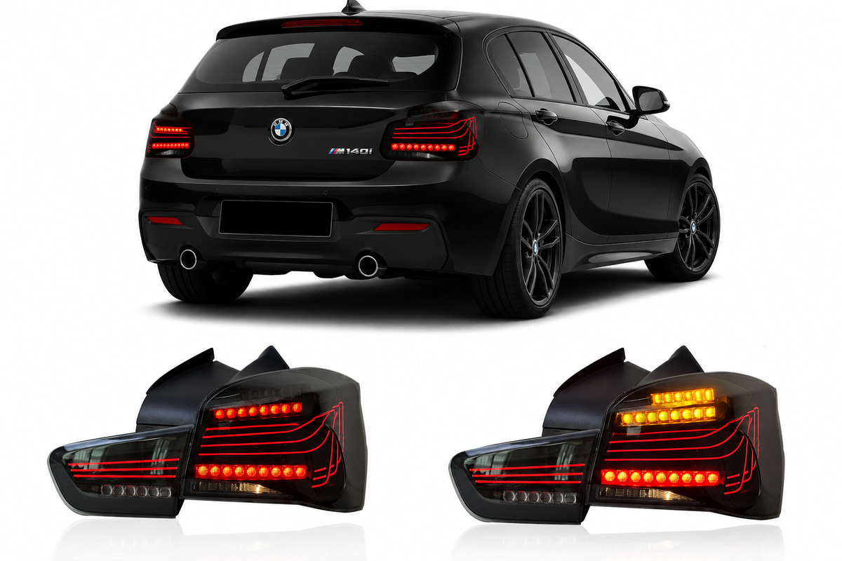 Vekto CSL style LED tail lights for BMW 1 Series F20 F21 2016-2021, showing sleek red and clear lens design.