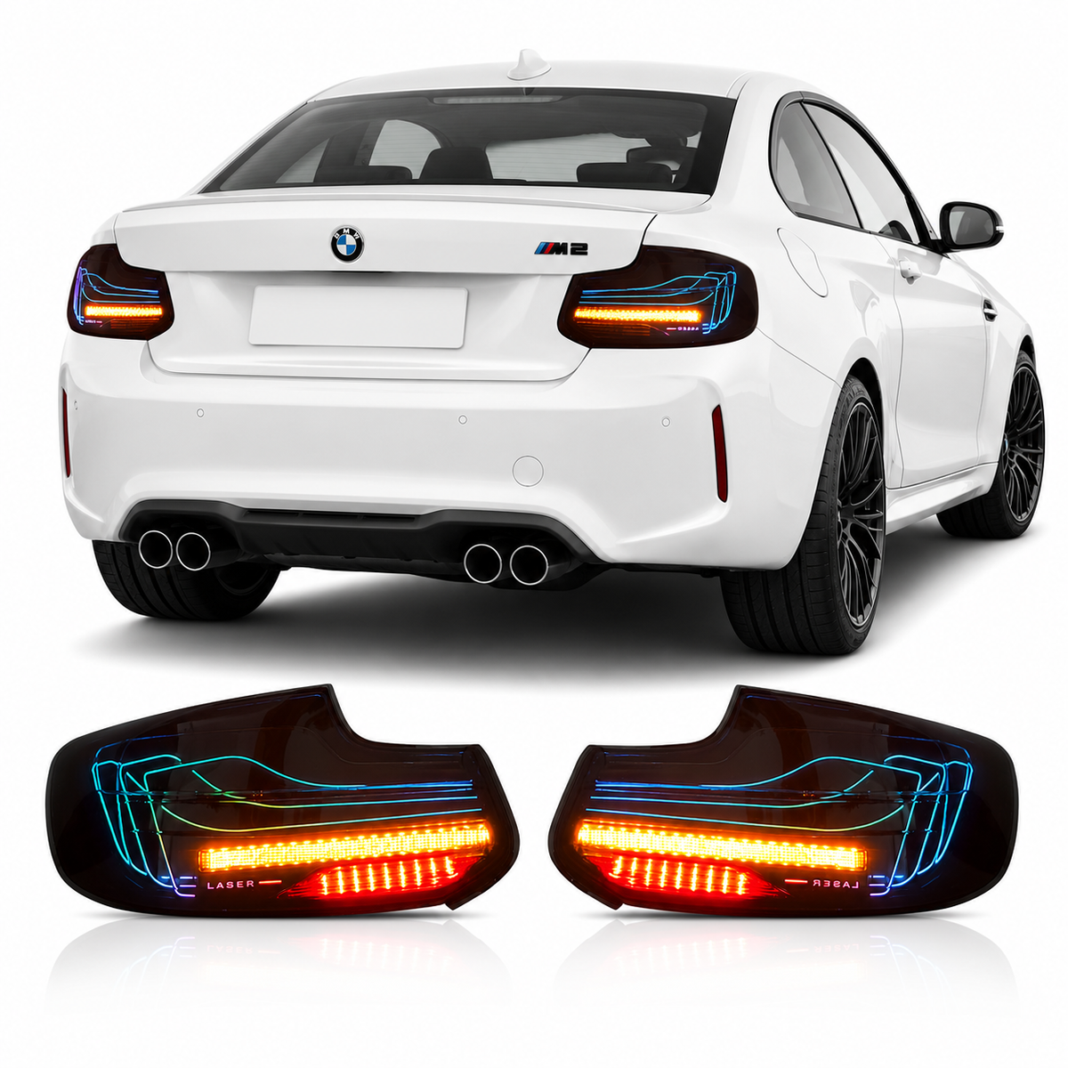 Vekto CSL RGB LED tail lights installed on a 2014-2021 BMW 2 Series F22 and F87 M2, showcasing vibrant lighting design.