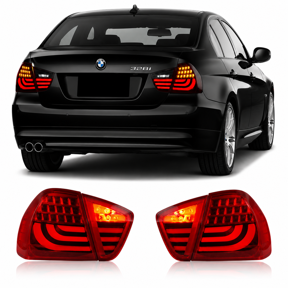 Vekto LED tail lights for BMW 3 Series E90 2005-2008, showing the sleek red and clear lens taillight design.