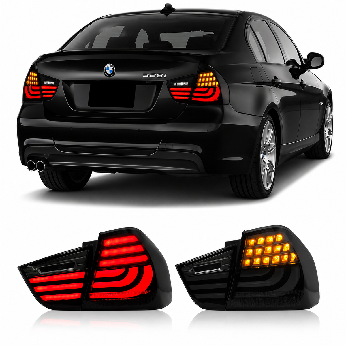 Vekto LED tail lights for BMW 3 Series E90 LCI 2009-2012, featuring turn signals and modern illumination design.