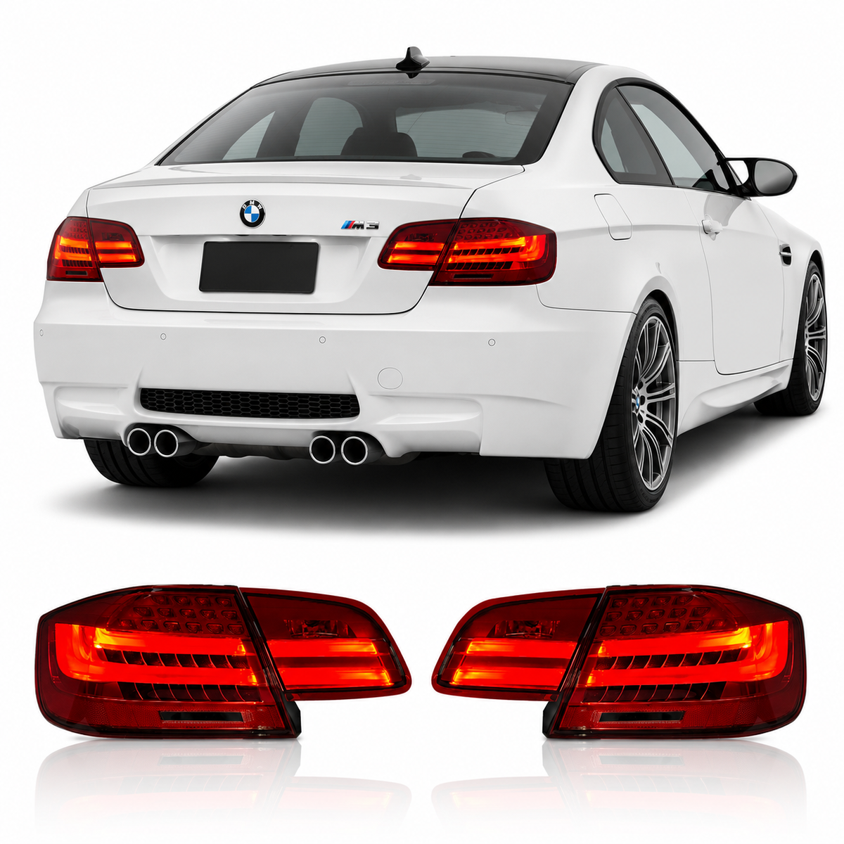Vekto LED tail lights for BMW E92/E93 3 Series and M3, 2006-2013, showing sleek red and clear lens design.