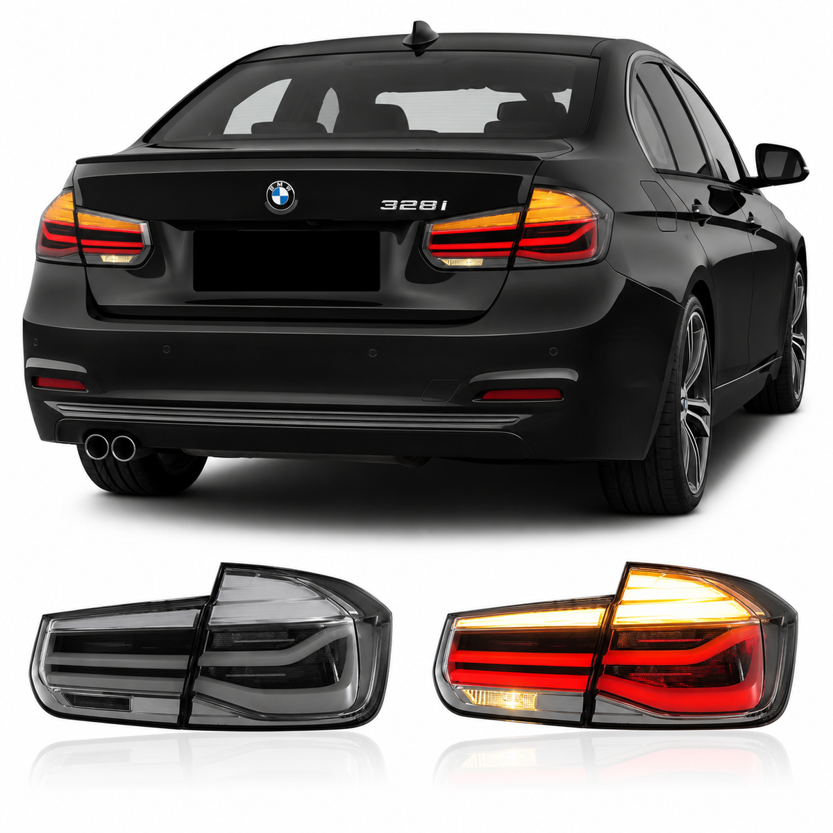 Vekto clear LED taillights for BMW 3 Series F30/F35 2012-2017, showcasing modern, bright tail light design for vehicle rear.
