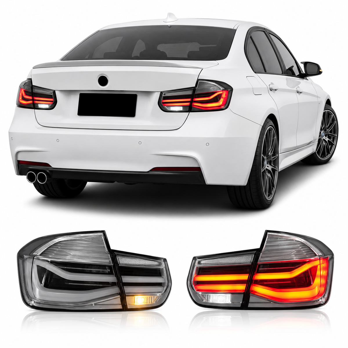 Vekto clear LED tail lights for BMW 3 Series F30 F35 2012-2018, showcasing sleek taillight design with bright illumination.