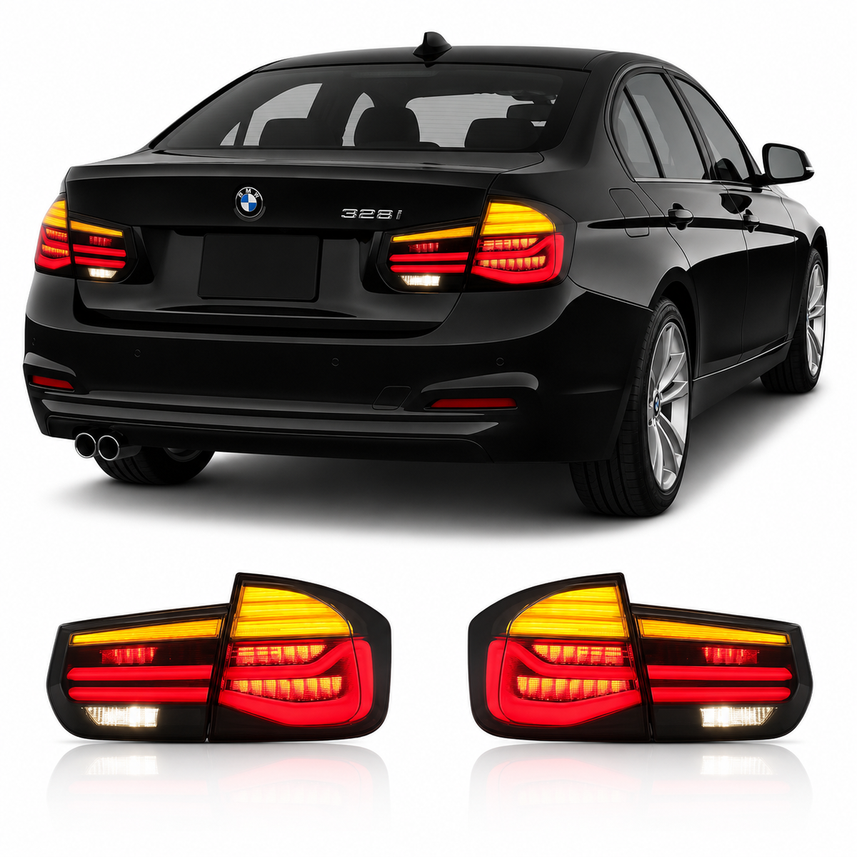 Vekto LED tail lights for BMW 3 Series F30/F35 2012-2018, showing sleek taillight design with red and clear lens sections.