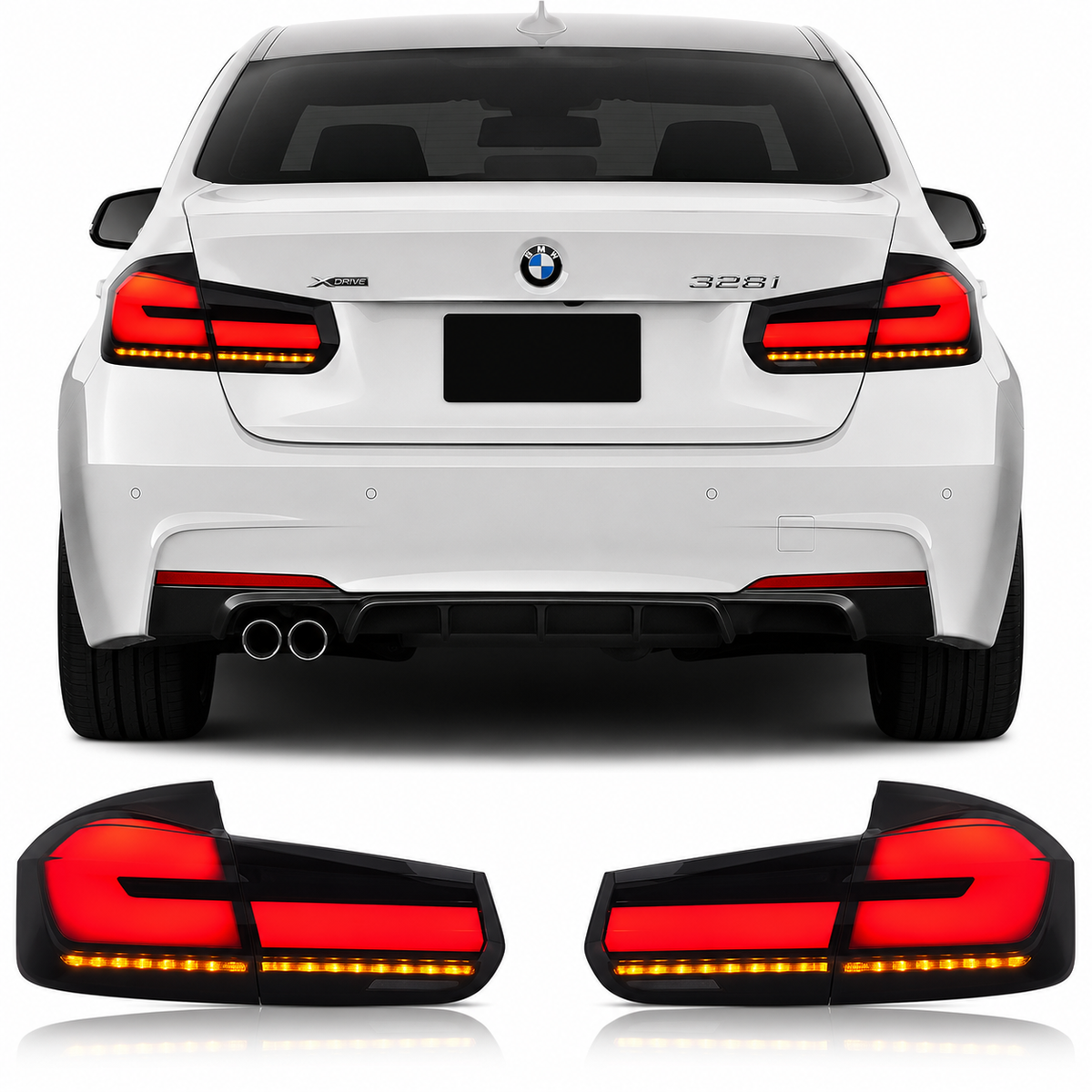 Vekto G30 style LED tail lights for BMW 3 Series F30 F35 2012-2018, showcasing sleek red and clear lens taillights.