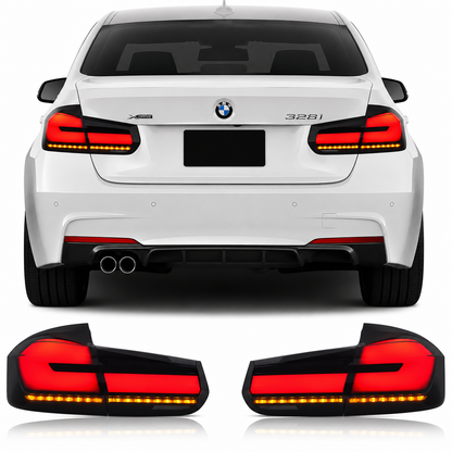 Vekto G30 style LED tail lights for BMW 3 Series F30 F35 2012-2018, showcasing sleek red and clear lens taillights.