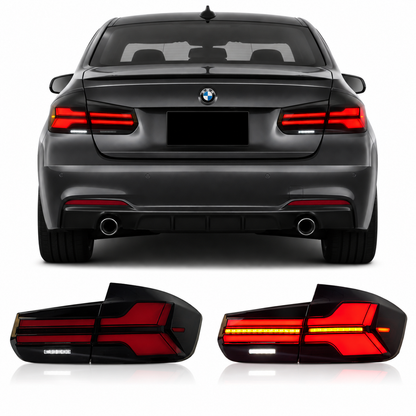 Vekto G05 Style LED taillights for BMW 3 Series F30 F35 2013-2018, showing sleek modern tail light design on a black vehicle.