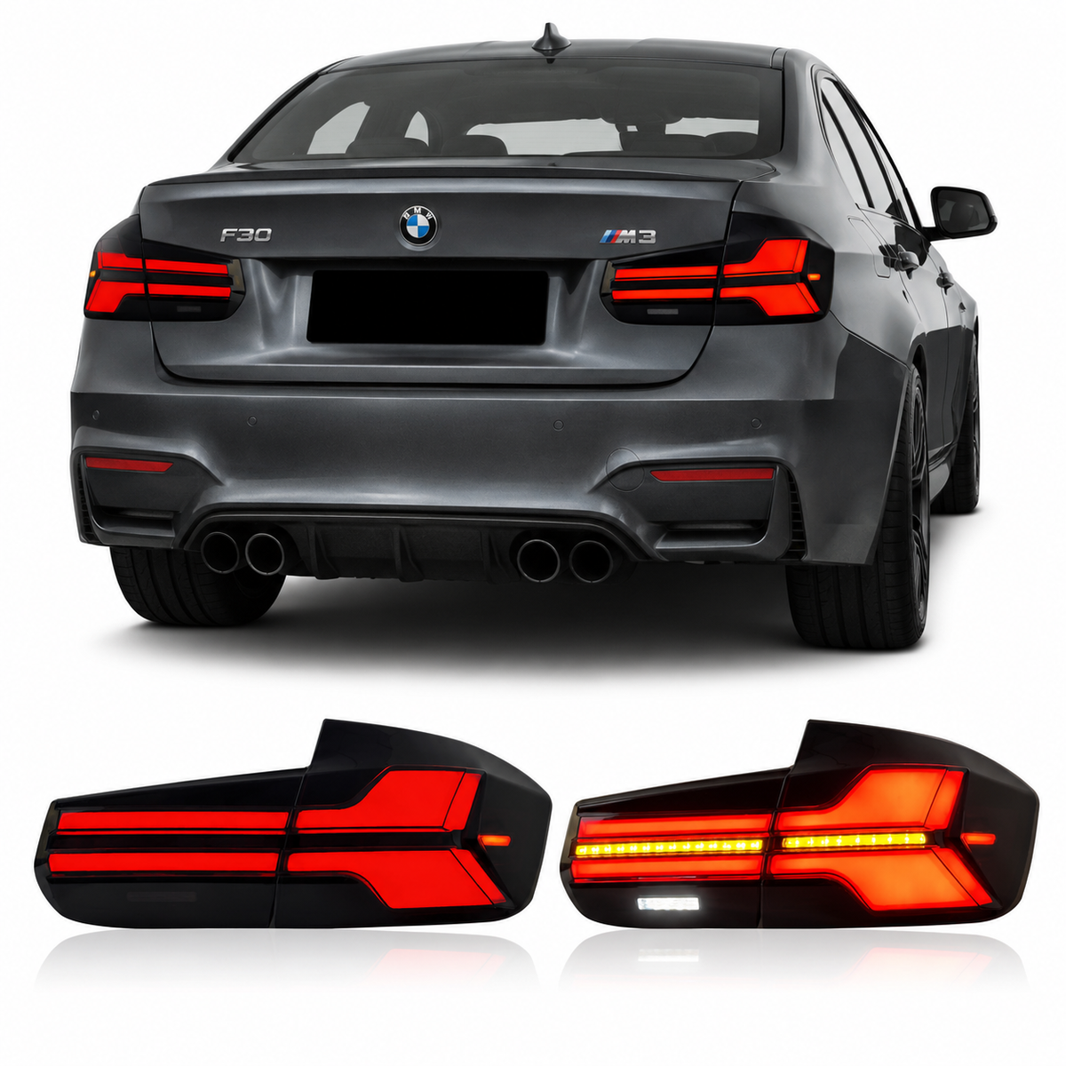 Vekto G05 LCI style LED taillights for BMW 3 Series F30 M3 F80 2012-2018, showing sleek automotive rear lighting