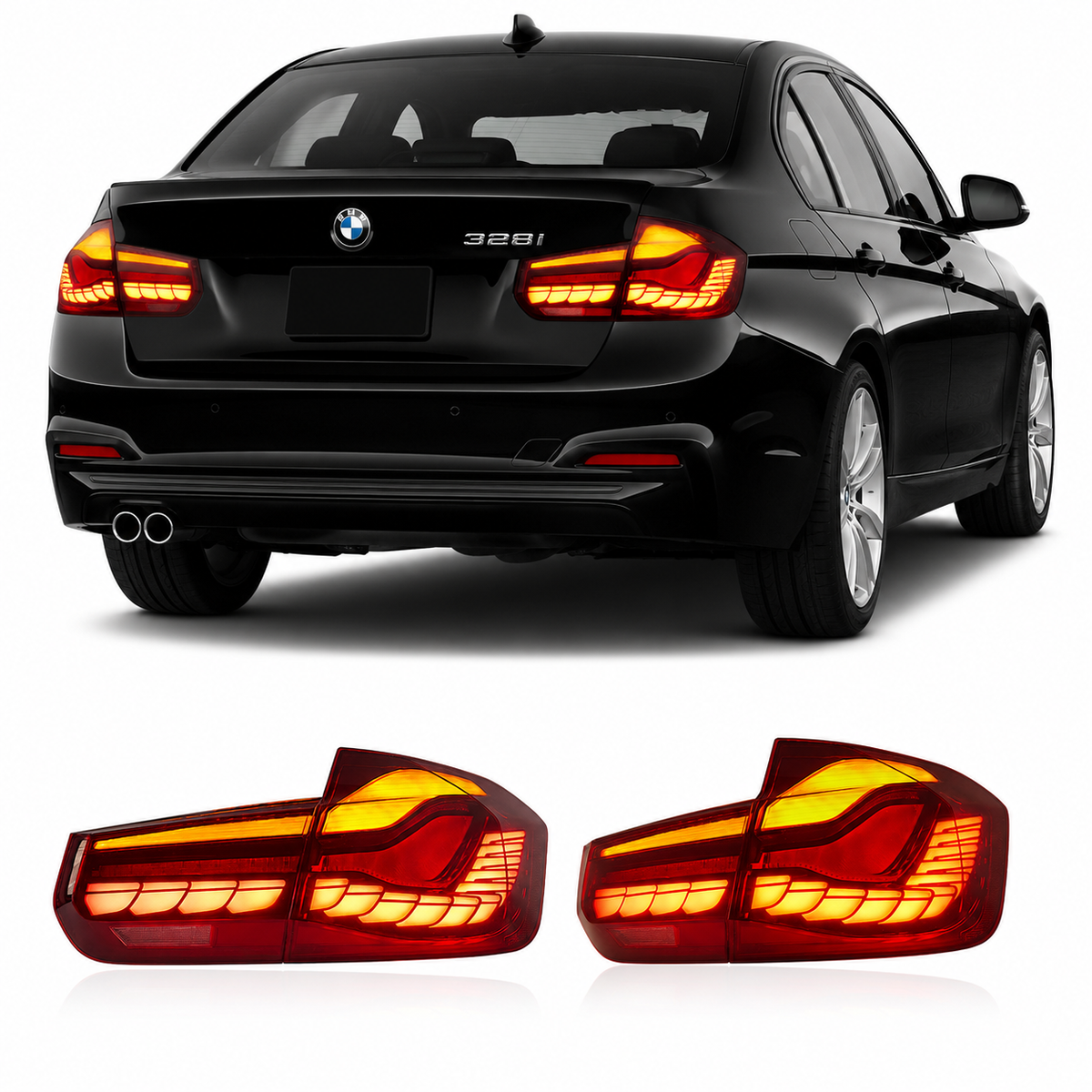 Vekto OLED GTS Style LED tail lights for BMW 3 Series F30/F35 and M3 F80, 2012-2018, showing sleek taillight design