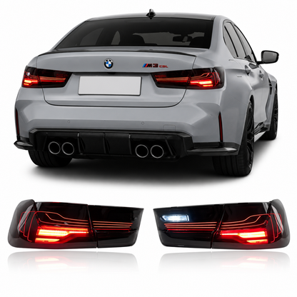 Vekto CSL style LED tail lights for BMW 3 Series G20 and M3 G80 2018-2023, featuring sleek, modern taillight design.