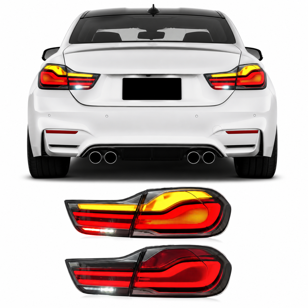 Vekto LED taillights for BMW 4 Series F32 F33 F36 and M4 F82 F83 2014-2020, showcasing sleek red and clear light designs.