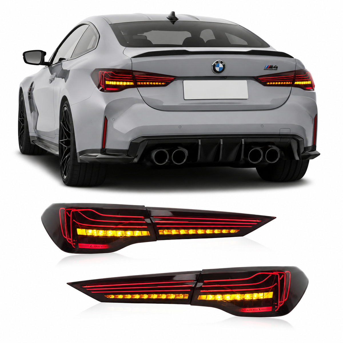 Vekto CSL style LED tail lights for BMW 4 Series G22 and M4 G82 models from 2018 to 2022, featuring sleek illumination design.