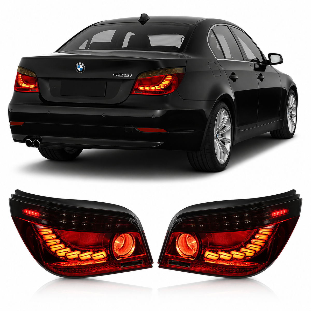 Vekto LED tail lights for BMW 5 Series E60 2003-2009, showing sleek, modern taillight design for enhanced visibility.