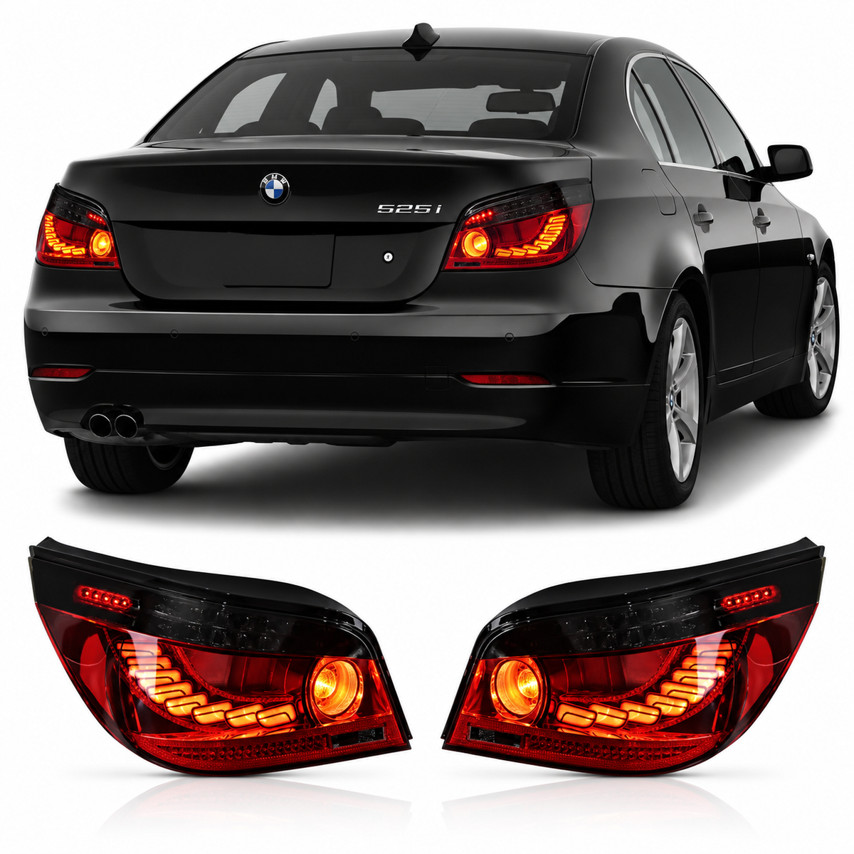 Vekto LED tail lights for BMW 5 Series E60 2003-2009 rear lamps, showcasing modern taillight design with clear lenses and LED elements.