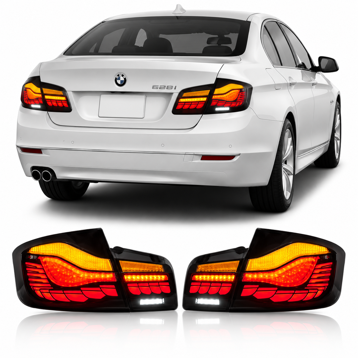 Vekto Dragon Scale LED taillights for BMW 5 Series F10/F18 2011-2017, featuring intricate dragon scale design and bright LED illumination.