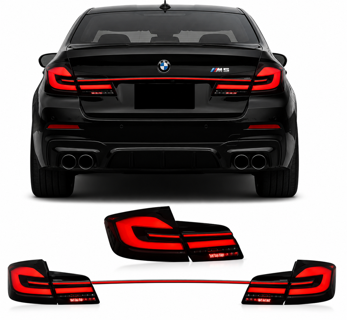 Vekto LED taillights for BMW 5 Series F10/F18 M5 2011-2017, showing sleek red and clear rear tail light assembly