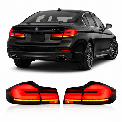 Vekto LED tail lights for BMW 5 Series G30 G38 2018-2020, showcasing sleek red and clear taillight design with illuminated sections.