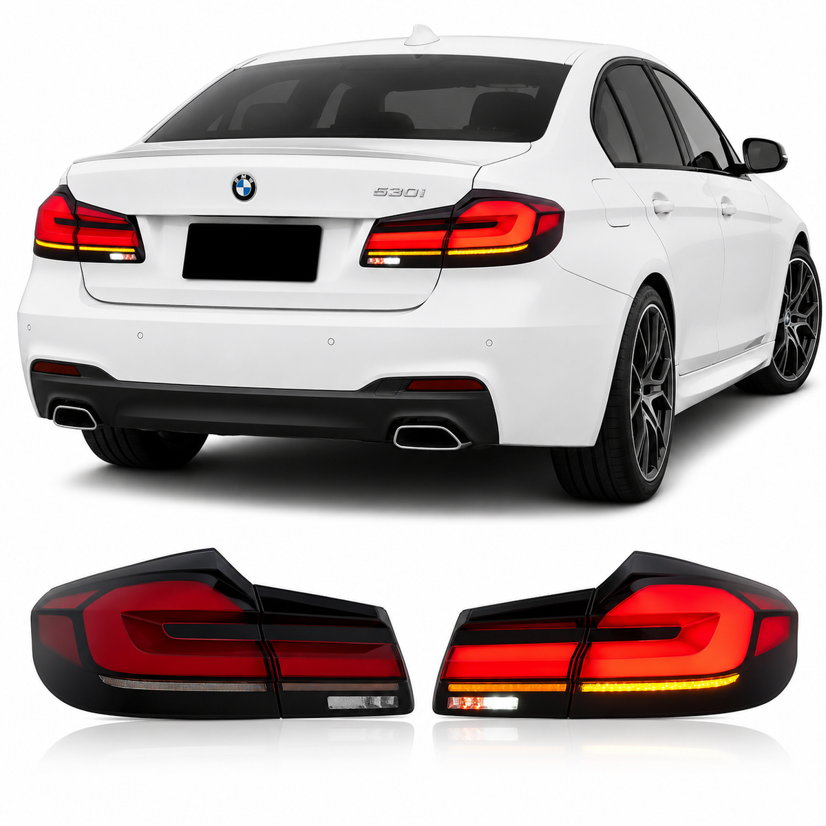 Vekto LED tail lights for BMW 5 Series G30 G38 2018-2023, showing sleek red and clear taillight design on vehicle rear.