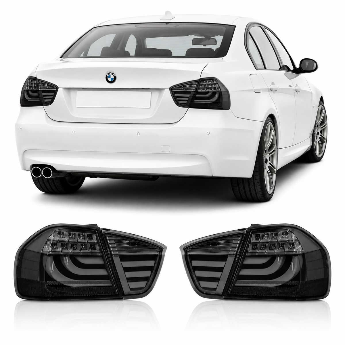 Vekto LED tail lights for BMW E90 3 Series (2005-2008) showing red and clear lens design on a car rear.