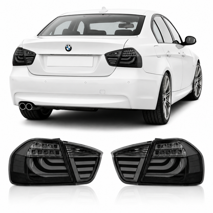Vekto LED tail lights for BMW E90 3 Series (2005-2008) showing red and clear lens design on a car rear.