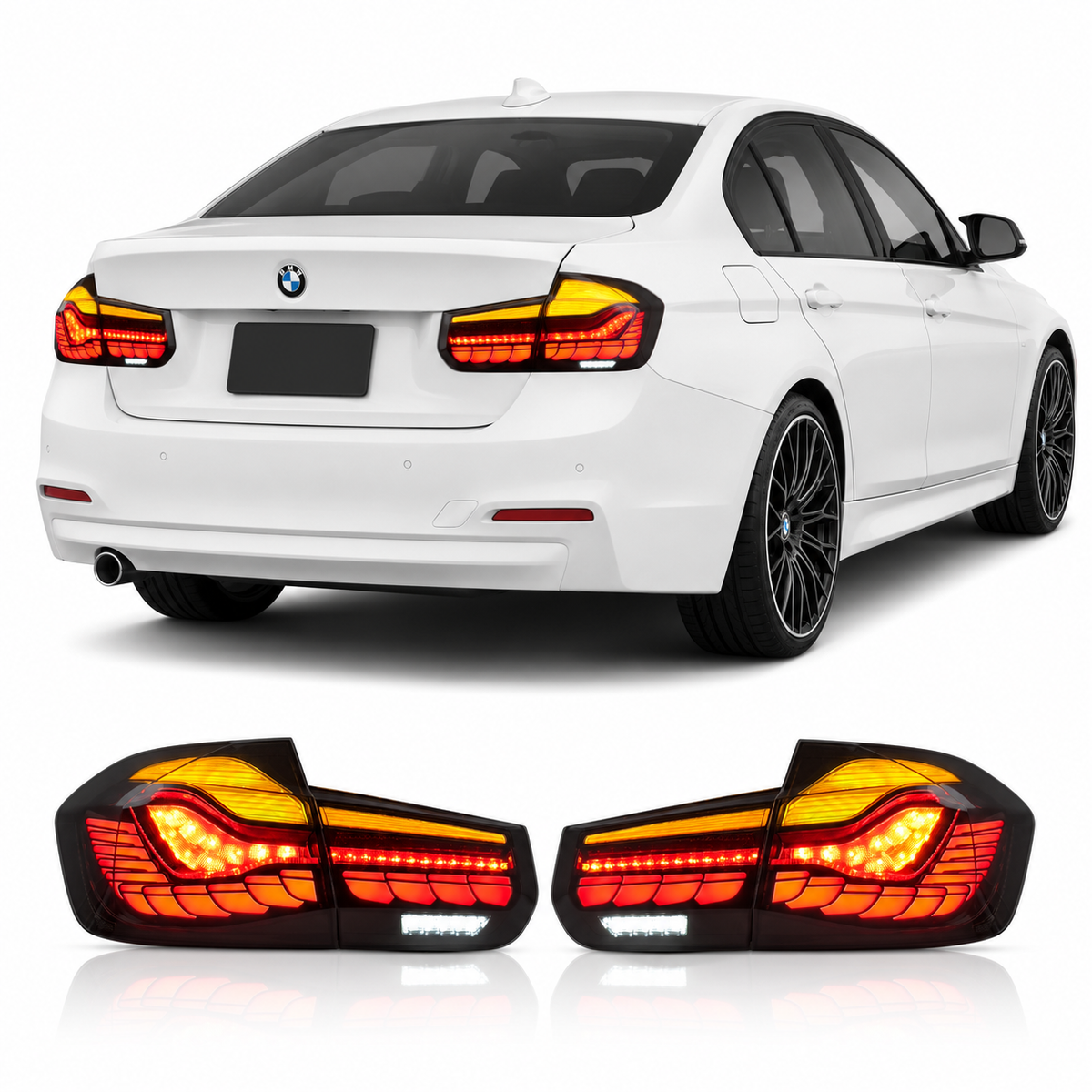 Vekto GTS Dragon Scale LED tail lights installed on a BMW F30/F35/F80 2012-2019 showing sleek, modern rear lighting with dragon scale design.