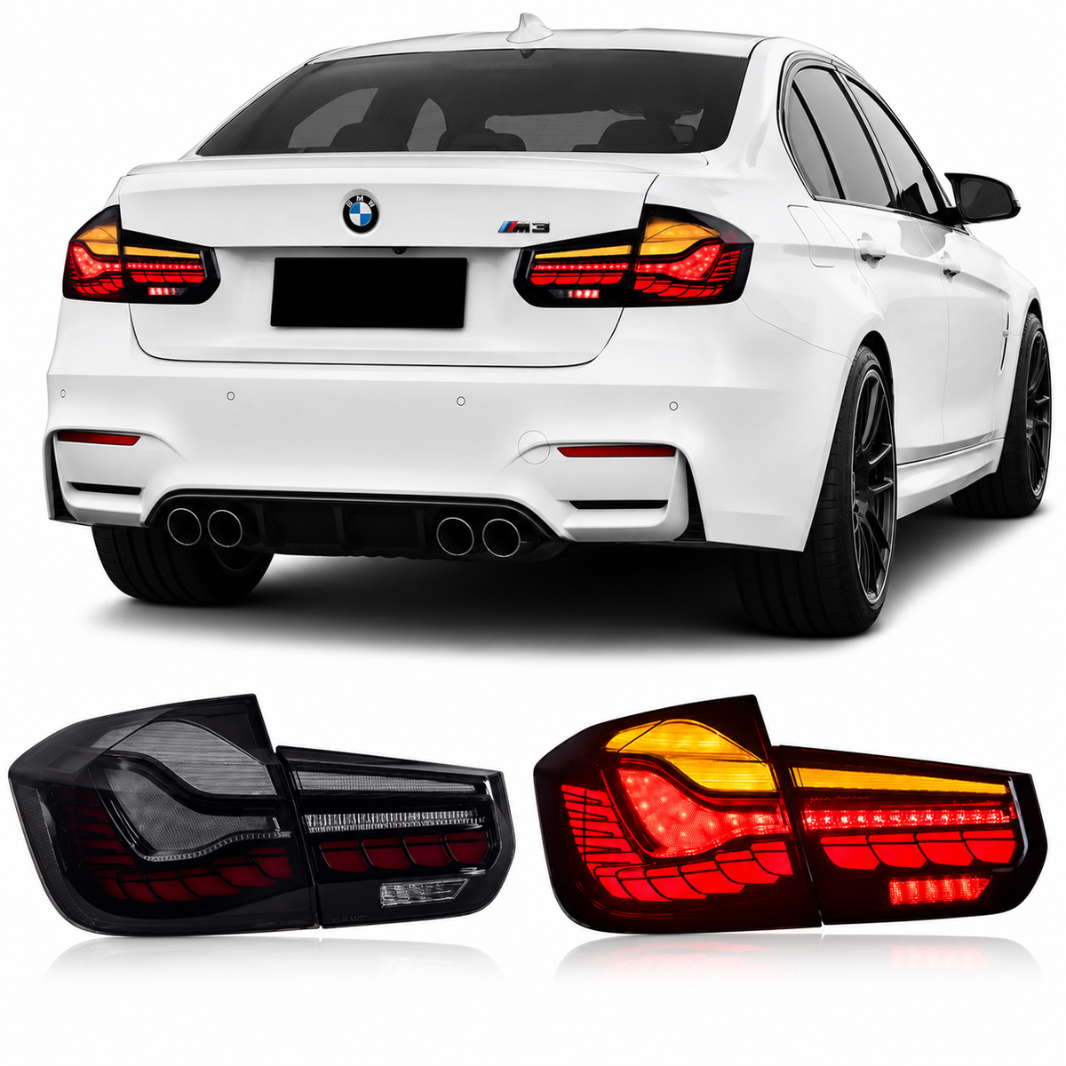 Vekto GTS style LED tail lights for BMW F30, F35, and F80 models, featuring sleek red and clear lens design.
