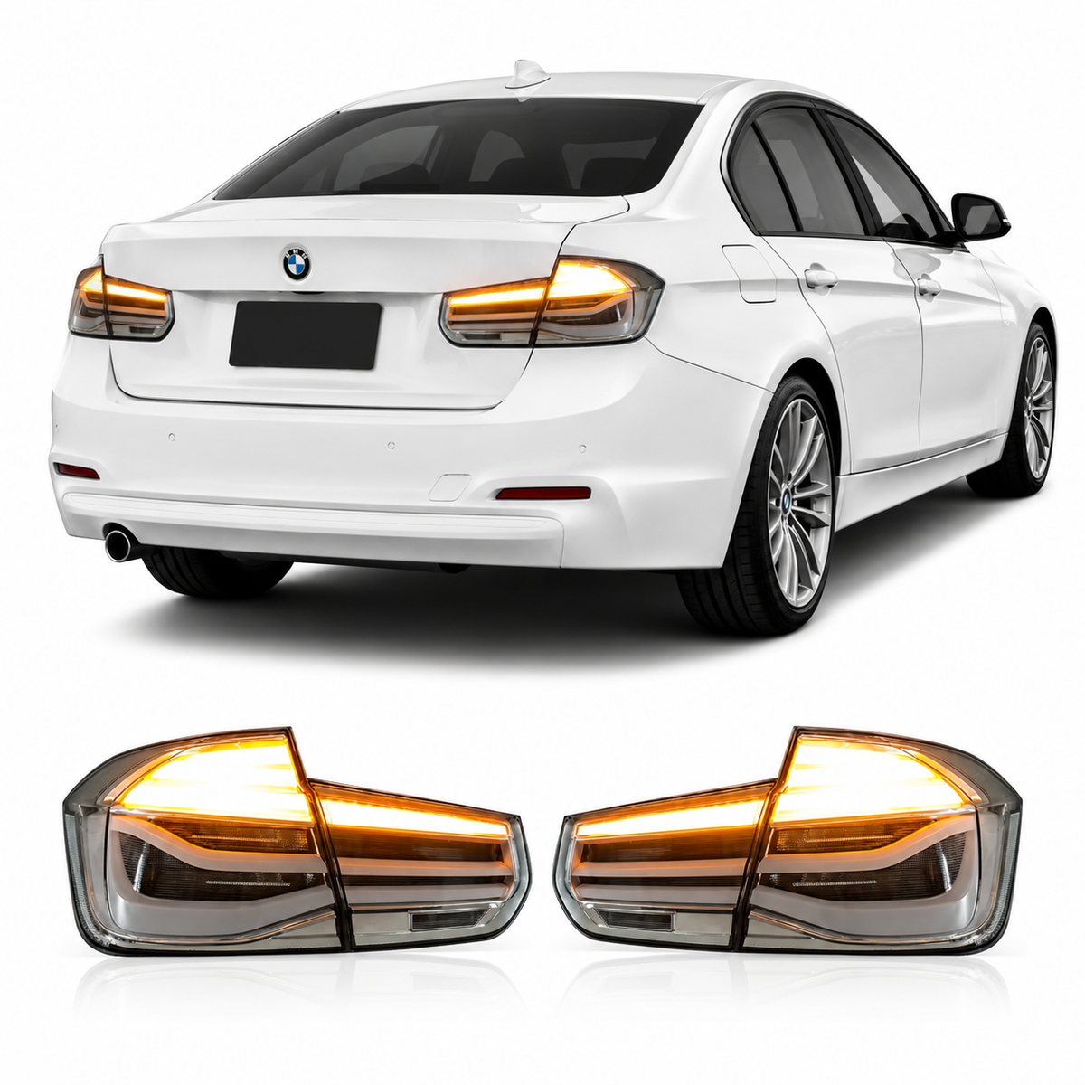 Vekto clear LED tail lights for BMW F30 3 Series and M3, 2012-2017, showing sleek illuminated brake and turn signals.