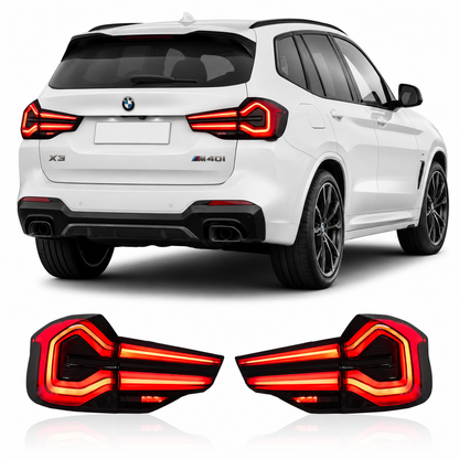 Vekto LED tail lights for BMW X3 G01 G08 and X3M F97, 2018-2021, showing sleek design with illuminated brake and turn signals