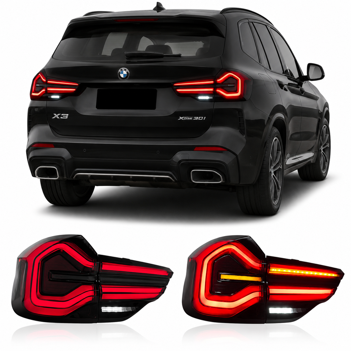 Vekto G08 Style LED taillights for BMW X3 2018-2021, showcasing sleek red and clear lens tail light assembly.
