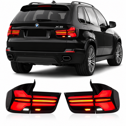 Vekto BMW X5 E70 LED tail lights rear lamp assembly for 2007-2013, showing the sleek taillight design with illuminated LEDs.