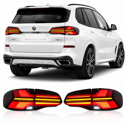 Vekto clear LED tail lights installed on a BMW X5 G05 SUV, showcasing modern lighting design for 2019-2023 models.