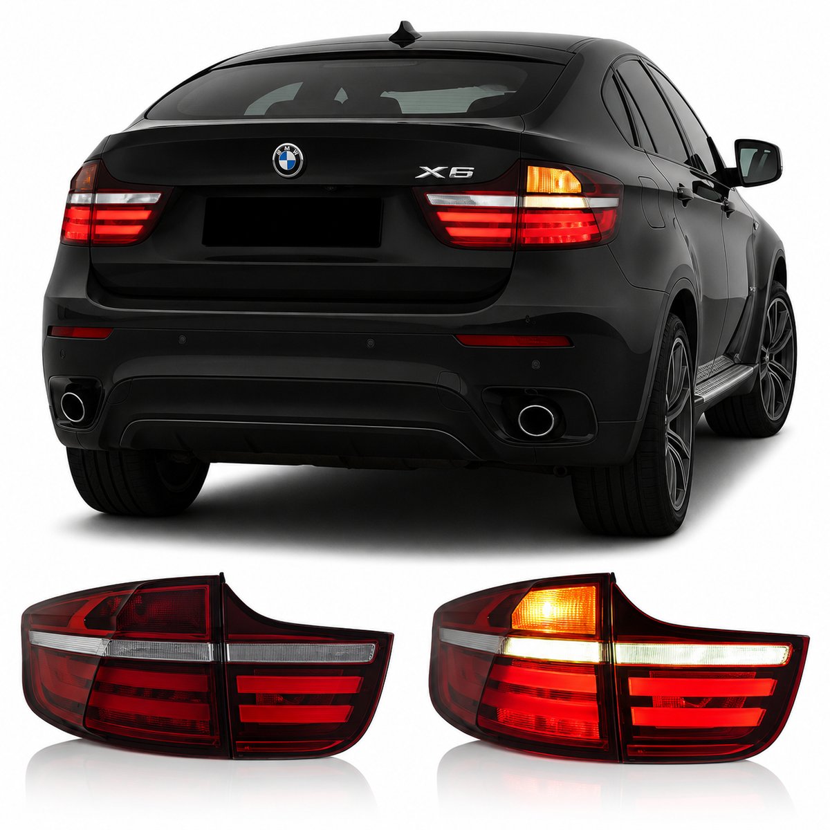 Vekto LED taillights for BMW X6 E71 2007-2014, showing sleek rear tail lights with red and clear lenses on a black vehicle.