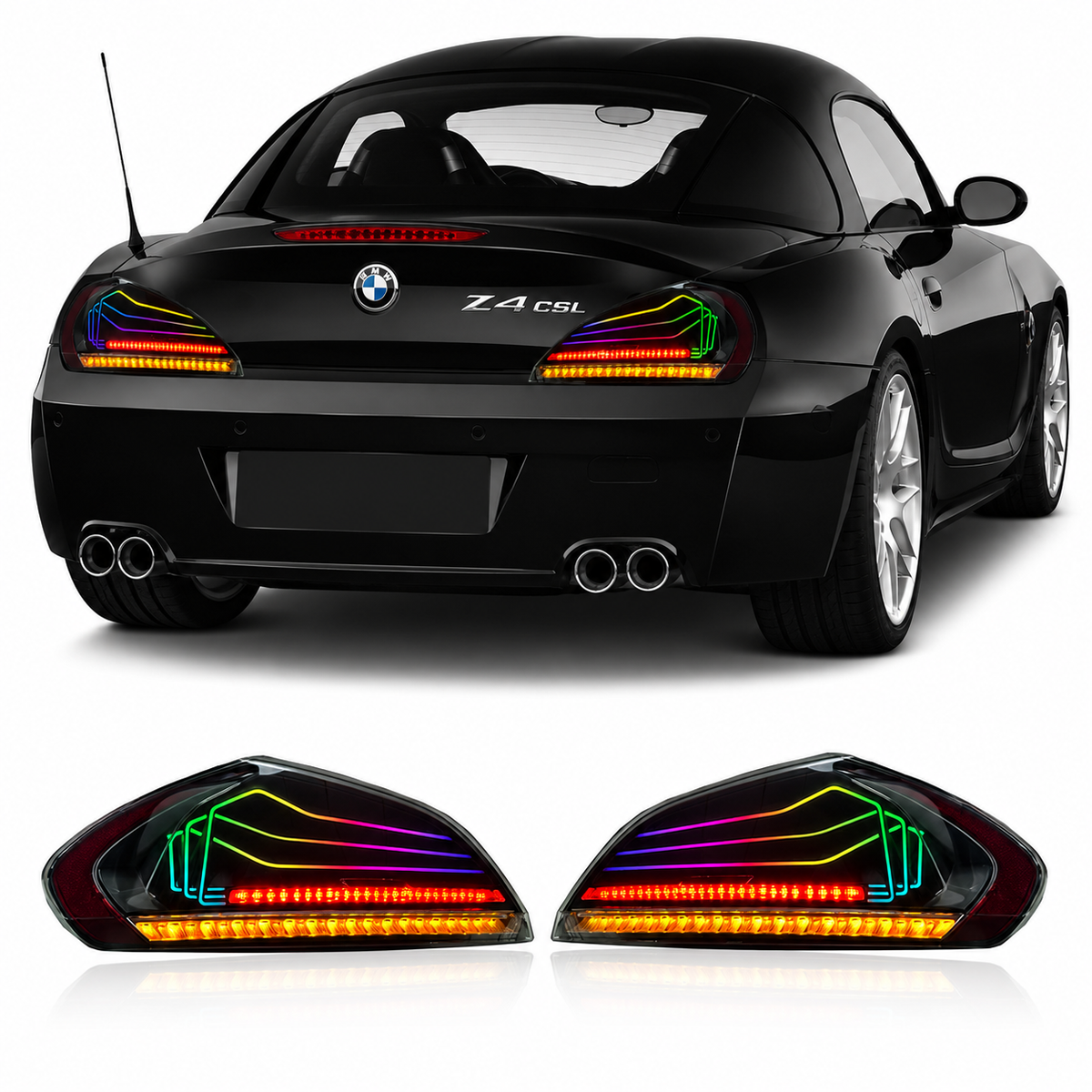 Vekto RGB CSL style LED tail lights installed on a BMW Z4 E89 2008-2016, showcasing sleek red and white taillight design.