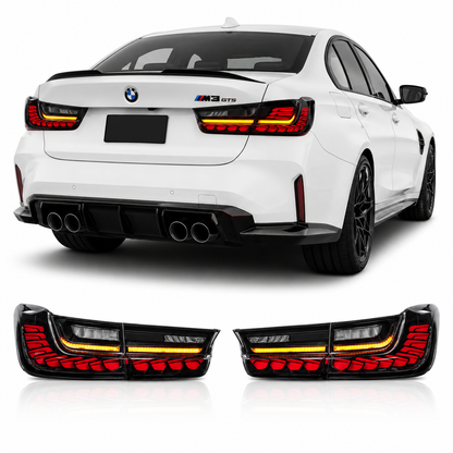 Vekto GTS OLED tail lights for BMW G20 3 Series and G80 M3, cherry red and smoked finish, showcasing sleek LED design.