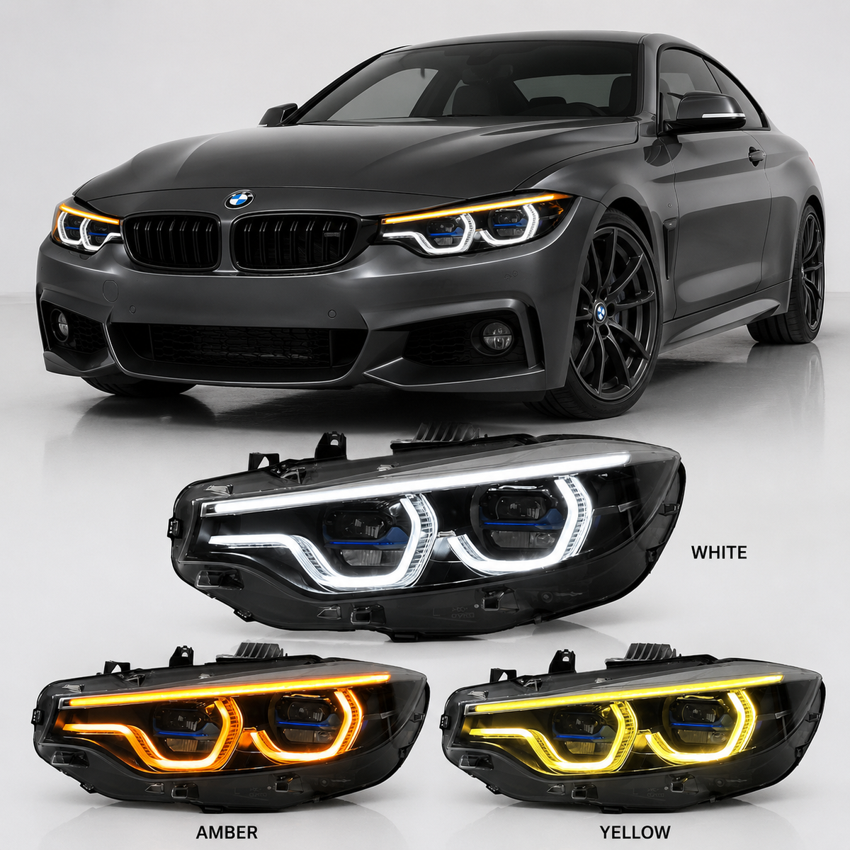 Vekto Ikon V3 LED headlights with three-color DRL upgrade for BMW 4 Series F32/F36 and M4 F82/F80, plug and play installation