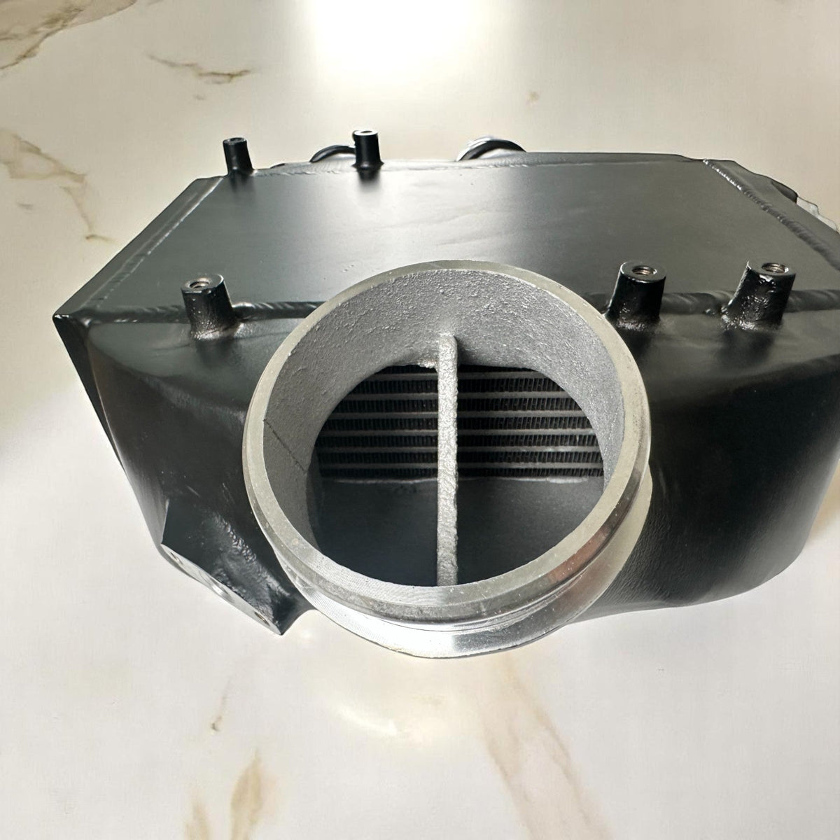 Palenon Performance top mount S55 intercooler installed in BMW F80 M3, F87 M2, F82/F83 M4 with visible core and mounting features.