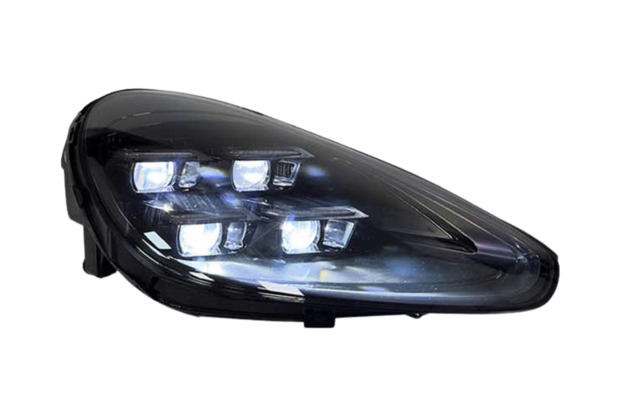 K2 Industries Porsche Cayenne 958 2024 style headlights upgrade for 2011-2017 model, featuring modern design and clear lenses.