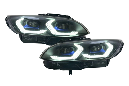 K2 Industries BMW 3 Series M3 E92 LED headlights, new generation style, front view showing sleek design and bright LED strips.