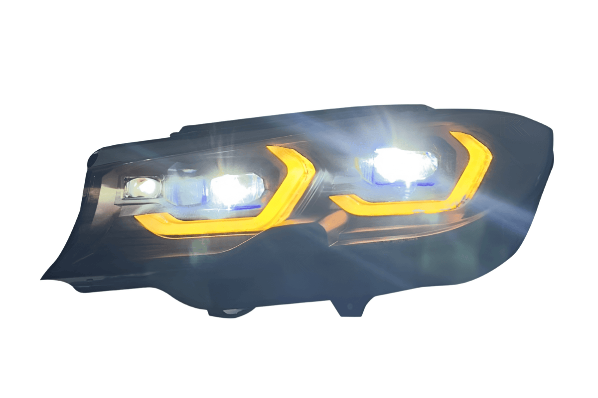 BMW 3 Series G20 LED headlights by K2 Industries with laser-style design for non-laser models, 2019 and newer.