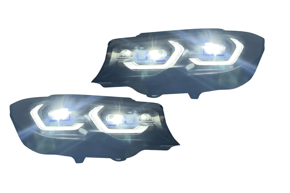 BMW 3 Series G20 LED headlights by K2 Industries, Laser Style design for non-laser models, 2019+ model year.