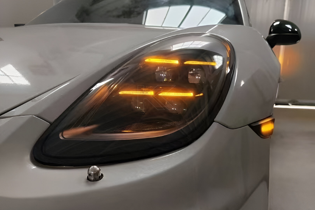 K2 Industries Porsche 718 982 modern LED headlights with sleek design upgrade for 2024+ models, showcasing stylish headlight components.