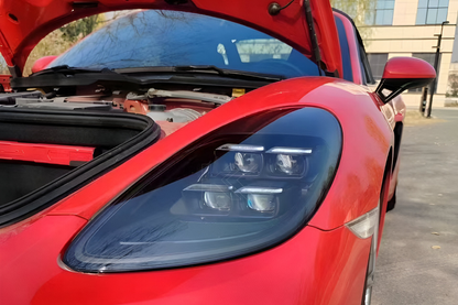 K2 Industries Porsche 718 982 LED headlights with modern design upgrade for 2024+ models, featuring sleek lighting elements.