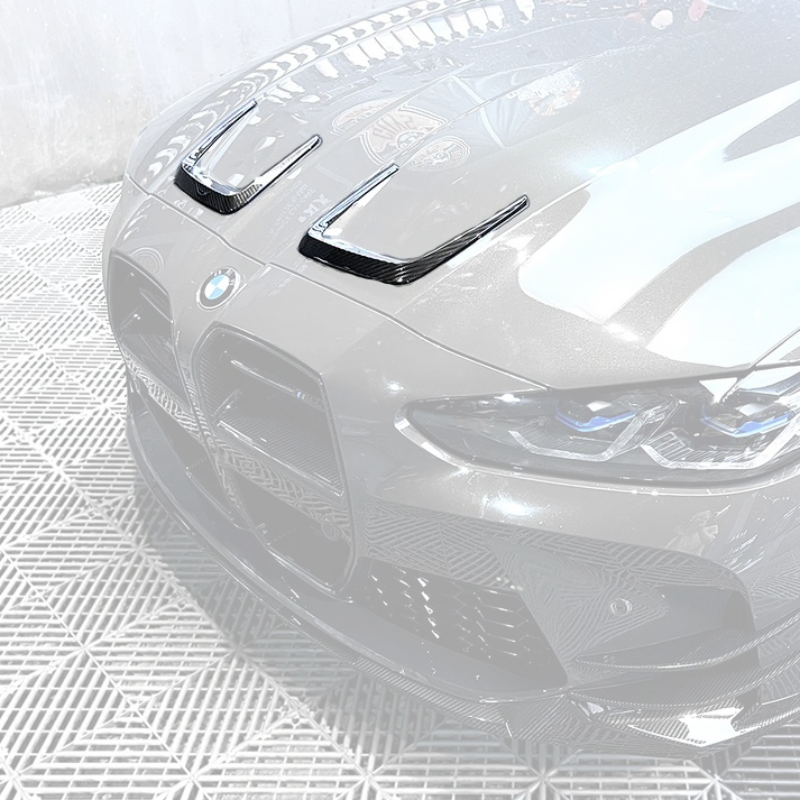 BMW 3/4 Series G80/G81/G82/G83 carbon fiber hood vents by K2 Industries, showing sleek, lightweight vent design on hood.