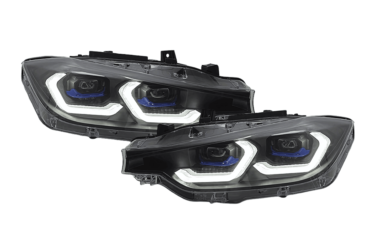 BMW 3 Series F30 F35 F31 headlights with laser modern style, black housing, and LED accents from K2 Industries.