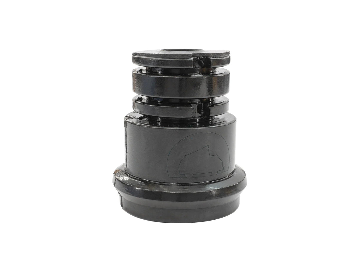 GoWesty front bump stop for Vanagon shock absorber, mounted on shock mount with logo visible, used for suspension support.