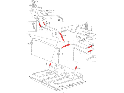 Diagram of GoWesty Fuel Line Replacement Master Bundle for Vanagon 2WD showing fuel hose connections and routing.