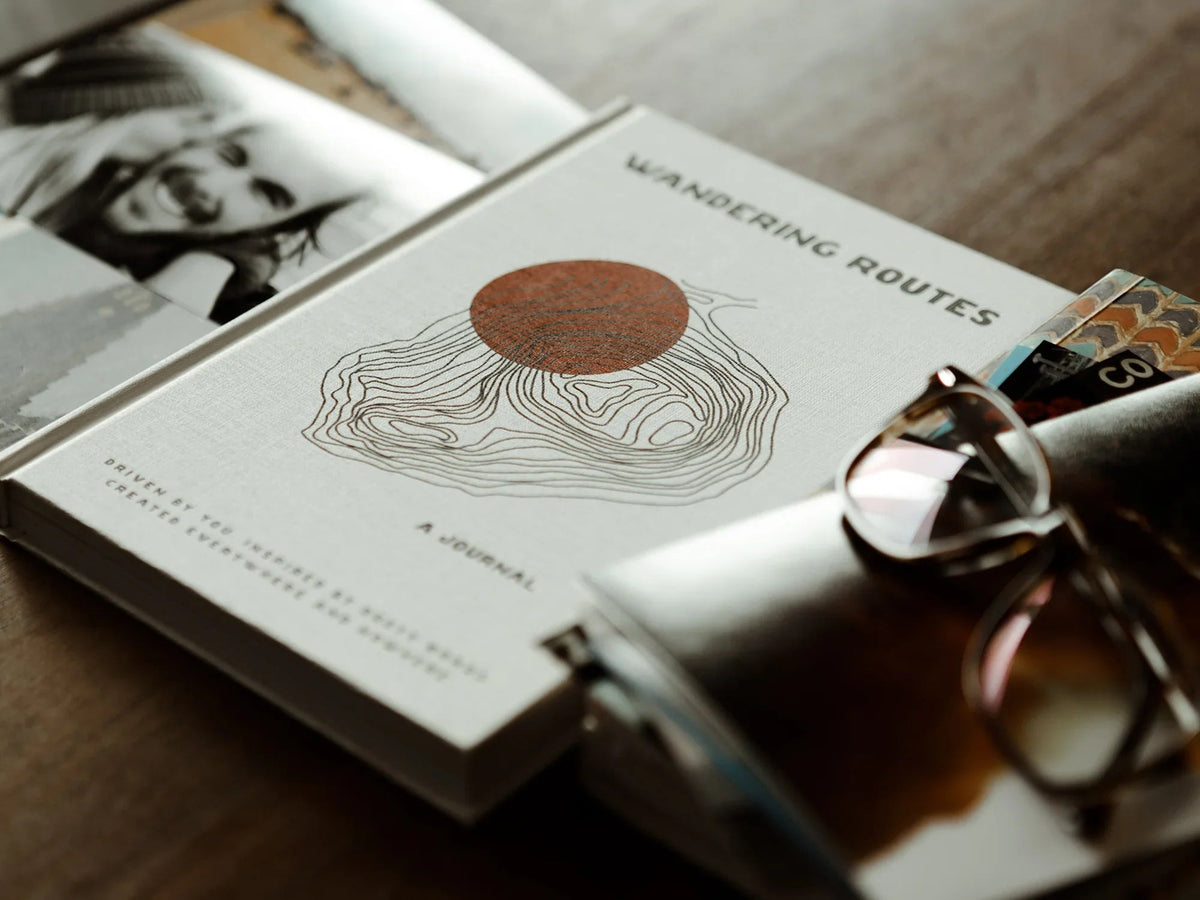Open wandering routes journal by GoWesty featuring map illustrations for travel planning and journaling.