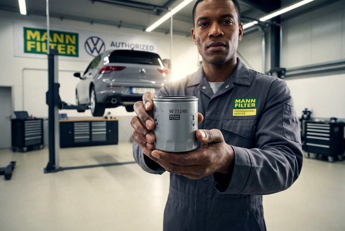Audi VW Porsche engine oil filter 04E115561AC W712/95 by MANN, shown in image W_712_1, designed for vehicle engine maintenance.