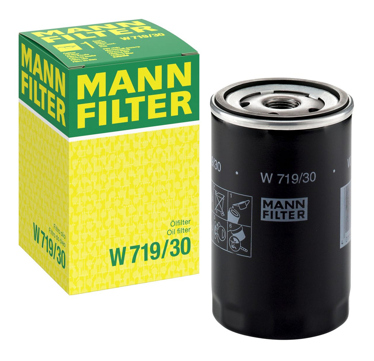 WorldPac Audi VW Porsche engine oil filter HU W719/30, showing the black cylindrical filter with metal base and branding markings.
