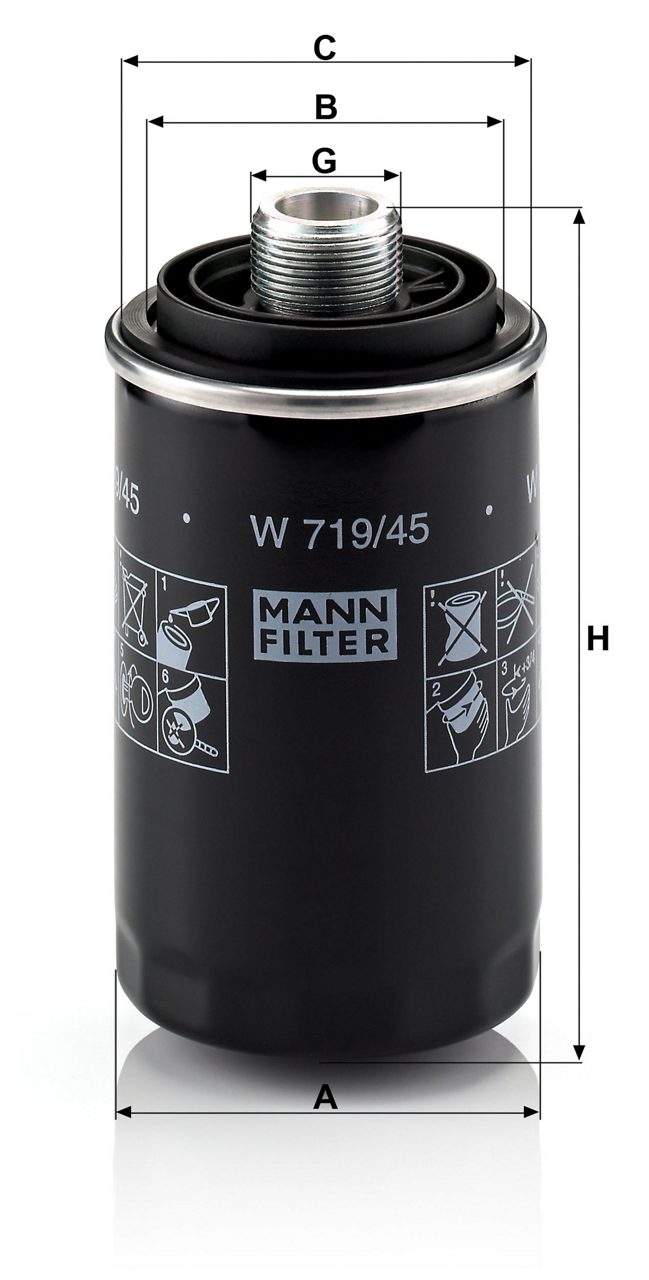Audi VW engine oil filter W719/45 by Mann, designed for 2008-2020 models, featuring a cylindrical metal housing and filter media.